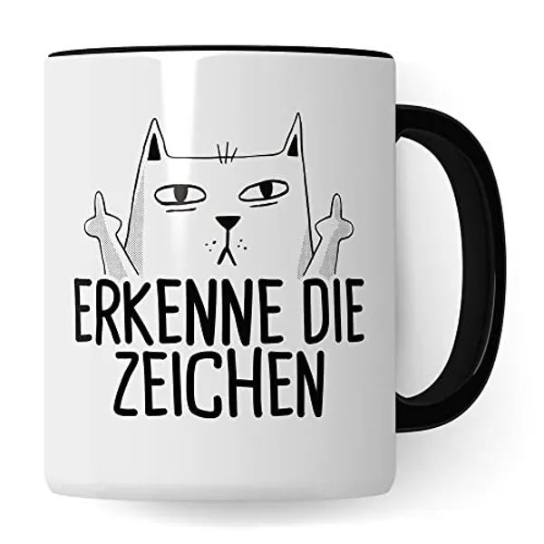 Tasse Katzen-Motiv, Erkenne die Zeichen Spruch, Humor Geschenk Katzenliebhaber, Katzen-Tasse Motiv, Geschenk Kollegen, lustige Katze Kater Katzenfreund Büro-Tasse lustige Kaffeetasse (Weiß & Schwarz)