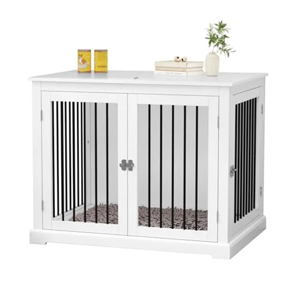 Hundebox Möbel mit Kissen, Hundebox Beistelltisch Groß, Indoor Hundezwinger, Hundehaus, Hundekäfige für große Hunde, Möbelstil Hundebox mit Klappdeckel, Kauwiderstandsfeste Metallstäbe, Weiß（L）