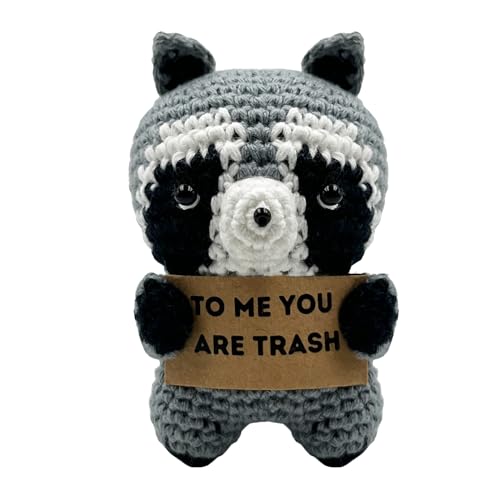 Funny Gifts for Girlfriend, Handmade Finished Cute Crocheted Pocket Hug Token, Greeting (Raccoon to Me You are Trash)
