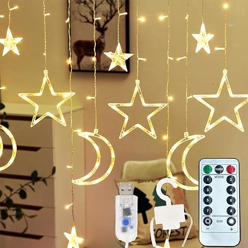 ALFEUND 7.5ft Decorative Starry String Curtain Lights Moons and Stars LED Night Light for Home Decoration Party,Remote Control USB Powered - Warm White