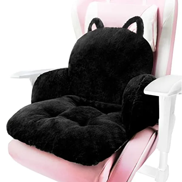 QYA Computer Chair Cushion Black, Cute Desk Seat Cushion with Backrest Non-Slip, Kawaii Chair Pillow for Gamer Chair, Comfy Chair Cushion for Bedroom (32"x 18", Black Kitty)
