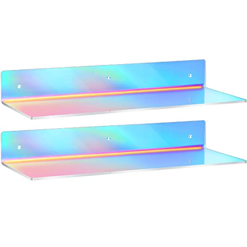 Rainbow Iridescent Acrylic Shelves Floating Wall Ledge Bookshelf Wall Mounted Shelf Display Organizer for Kids Room Bathroom Bedroom Living Room Nursery Office Kitchen (2 Pieces) - 2