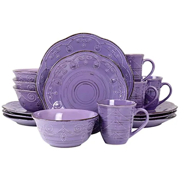 Elama Rustic Birch 16 Piece Stoneware Dinnerware Set in Purple, Purple with Brown Accents, (EL-RUSTICBIRCH)
