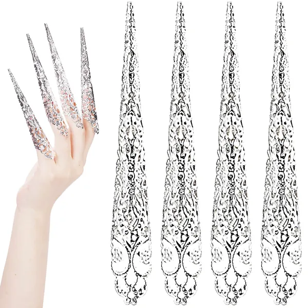 ANCIRS 10 Pack Finger Nail Tip Claw Rings, Ancient Queen Costume Fingertip Claw Nail Rings Decoration Accessory, Finger Knuckle Protectors for Cosplay Drama Dance Show- Silver Color - 
