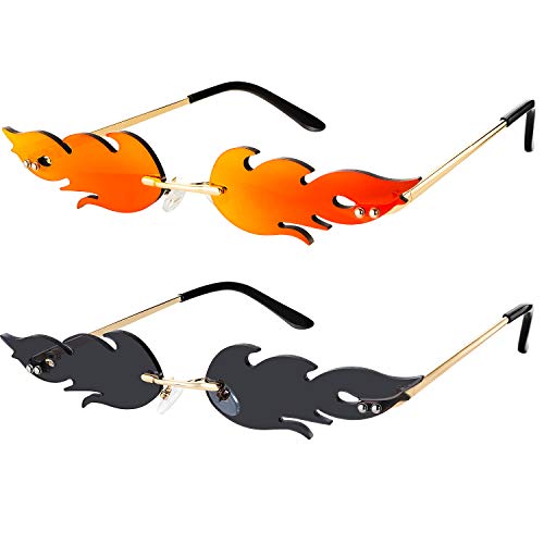 Fire Flame Sunglasses Rimless Flame Shaped Sun Glasses Wave Fire Shaped Glasses for Women Men Party Supplies Photo Props - 2 Pairs - Red, Black and Grey