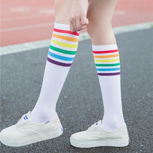 Rainbow Striped Pride Knee Socks - White