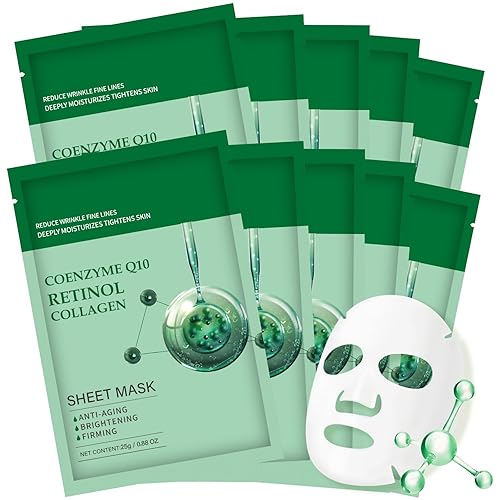 Pack of 10 Collagen Face Mask, Face Masks Skincare with Coenzyme Q10 Retinol Anti Aging Facial Masks Skin Care Hydrating Face Beauty Care Masks for Deep Repairing and Moisturizing Anti Wrinkles - Retinol Collagen