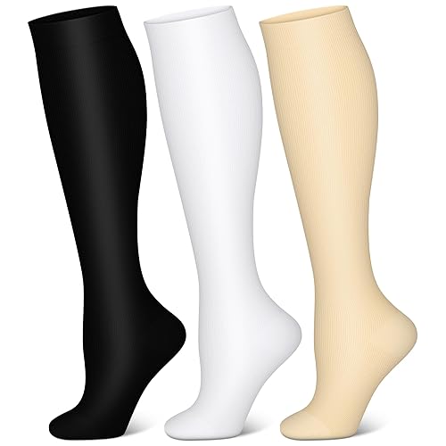 QUXIANG 3 Pairs Compression Socks for Women & Men Blood Circulation - Best for Running Athletic Cycling - 15-20 mmHg - Small-Medium - 04 Black/White/Beige