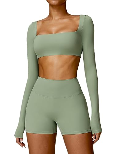 ABOCIW Workout Sets for Women 2 Piece Square Neck Long Sleeve Crop Tops High Waist Biker Shorts Gym Sets - Green - Small