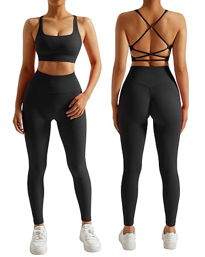 RXRXCOCO Ribbed Workout Sets for Women 2 Piece Backless Strappy Sports Bra Seamless Leggings Matching Set Yoga Outfits - Small - #004 Black