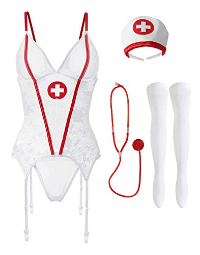XSPICE Naughty Nurse Lingerie Costume Doctor Uniform Cosplay Outfit for Women with Stethoscope - Small/Medium