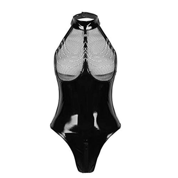 Haitryli Womens Wetlook Patent Leather Sleeveless Halter Neck Teddy Zipper Crotch Leotard Bodysuit Clubwear Nightwear