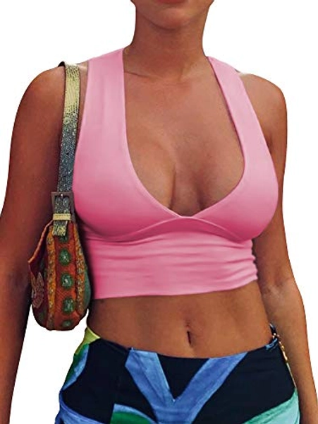 AEPEBO Sexy Crop Tops for Women Deep V Neck Back Cutout Sleeveless Plunge Racerback Tank Cropped Top