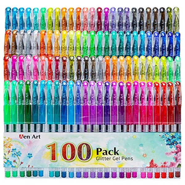 Glitter Gel Pens, 100 Color Glitter Pen Set for Making Cards, 30% More Ink Neon Glitter Gel Marker for Adult Coloring Books, Journaling Crafting Doodling Drawing
