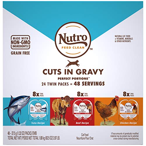 NUTRO Grain Free Natural Wet Cat Food Cuts in Gravy Beef Recipe, Tuna Recipe, and Chicken Recipe Variety Pack, (24) 2.64 oz. PERFECT PORTIONS Twin-Pack Trays - Variety: Beef, Tuna, Chicken - 1.32 Ounce (Pack of 48)