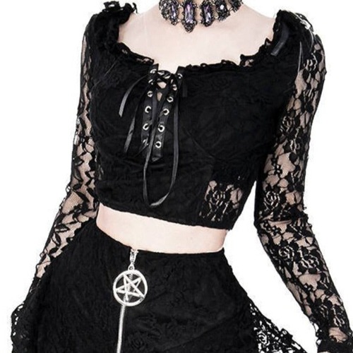 'Murder Scene' Black Gothic Lace Crop Top - Black / L