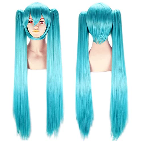 Double Ponytail Hatsune Miku Wig Anime Party Long Straight Wigs for Girl Lovely Synthetic Hatsune Miku Cosplay Wigs Lake Blue 100 cm/39 in - blue