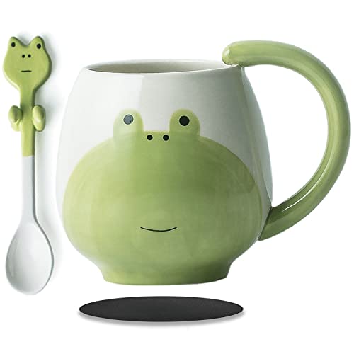 Arawat Cute Frog Coffe Mug with Spoon Frog Print Stuff Gifts 420ml Ceramic Tea Coffee Cup Kawaii Frog Mugs Funny 3D Animal Frog Mug Birthday Gifts for Boys Girls Kids Frog Lovers - Frog Mugs