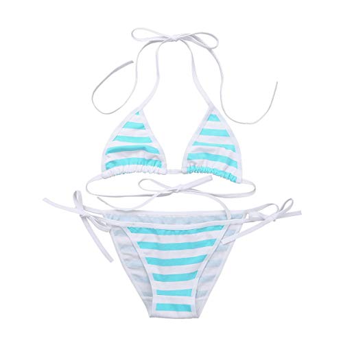 iEFiEL Women's Cute Kawaii Style Sexy Stripe Cotton Strappy Bikini Lingerie Set - Blue