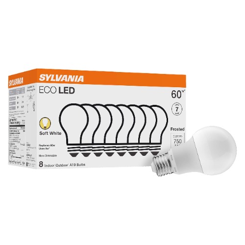 SYLVANIA ECO LED Light Bulb, A19 60W Equivalent, Efficient 9W, 7 Year, 750 Lumens, 2700K, Non-Dimmable, Frosted, Soft White - 8 Pack (40821) - Soft White 8 Count (Pack of 1) 60W Light Bulb