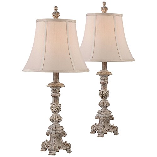Regency Hill Elize Traditional French Country Style Vintage White Washed Candlestick Table Lamps 26.5" High Set of 2 Bell Shade for Living Room Bedroom House Bedside Nightstand Home Office
