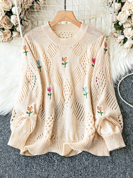 SHEIN Unity Plus Floral Embroidery Pointelle Knit Sweater