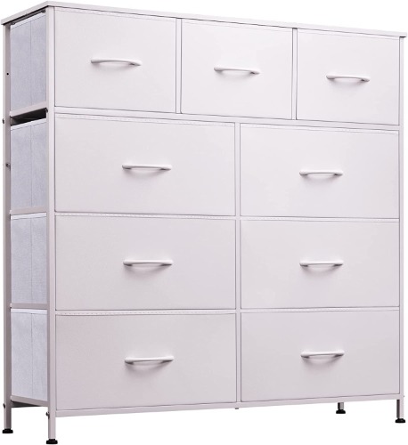 WLIVE Fabric Dresser for Bedroom with 9 Drawers, Tall Chest of Drawers, Storage Tower, Organizer Unit with Fabric Bin, Steel Frame, Wood Top for Nursery, Closets,White - White