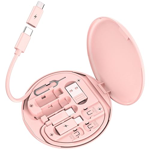 Multi USB Charging Adapter Cable Kit, USB C to iOS Device Adapter Box, Conversion Set USB A & Type C to Male Micro/Type C/iOS Device, Data Transfer, Card Storage, Tray Eject Pin, Phone Holder (Pink) - pink