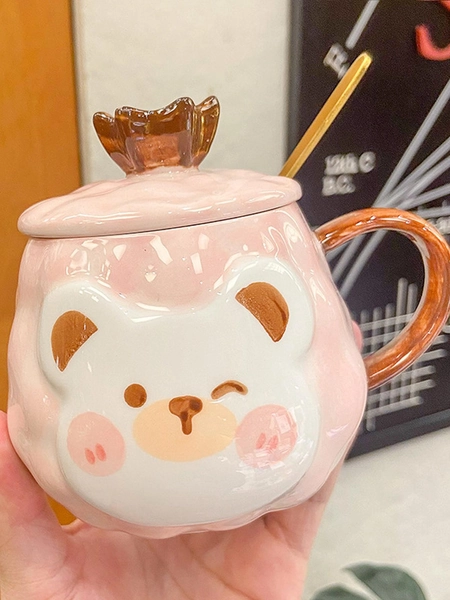 1pc Cute Bear & Crown Pattern Ceramic Cup, Creative Milk Breakfast Mug With Fashionable Design