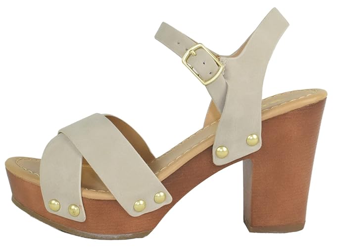 Soda MIGUEL ~ Women Crisscross Band Fashion Chunky Platform Block Mid Heel Sandal with Ankle Strap and Stud - 9 - Sand Nbpu