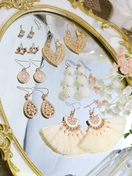 8pairs Faux Pearl & Tassel Decor Earrings