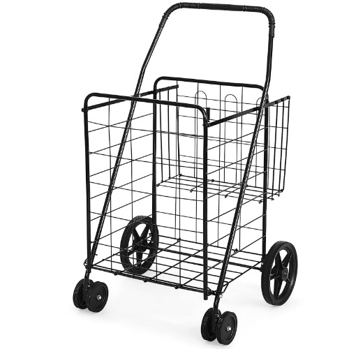 Goplus Jumbo Folding Shopping Cart with Rolling Swivel Wheels, Foldable Grocery Cart on Wheels with Double Basket, Heavy Duty Utility Cart, Shopping Carts for Groceries Laundry Book Luggage Travel - Black