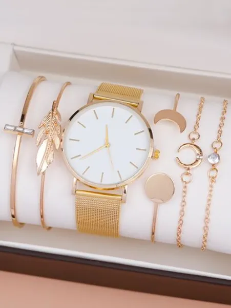 1pc Mesh Strap Round Pointer Quartz Watch & 5pcs Bracelet