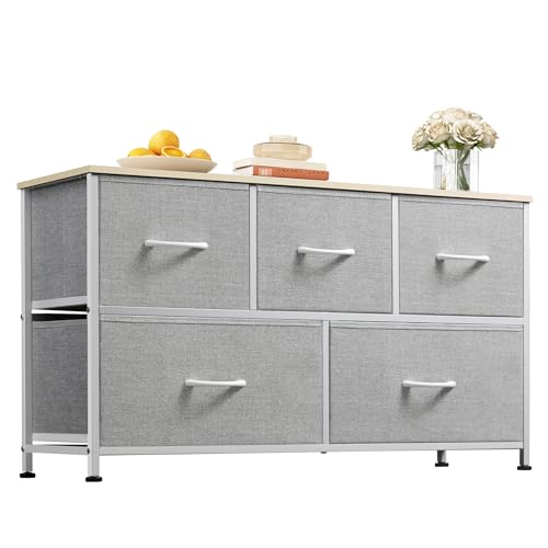 WLIVE Dresser for Bedroom with 5 Drawers, Wide Chest of Drawers, Fabric Dresser, Storage Organization Unit with Fabric Bins for Closet, Living Room, Hallway, Light Grey - Light Grey - 11.7"D x 39.1"W x 21.7"H