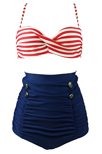 COCOSHIP Retro Polka Dot Twisted Front High Waisted Bikini Set Tie Belt Vintage Ruched Swimsuit(FBA) - Large - Redstripe(fast Ship)
