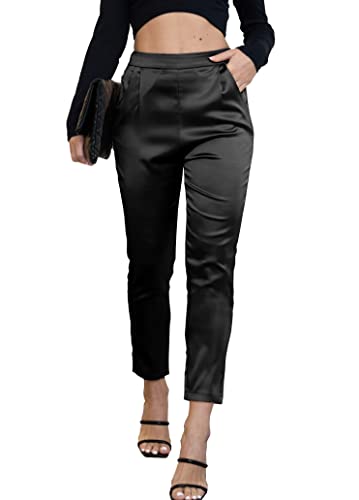 heipeiwa Women's Satin Pants Dress Casual Pleated Pull on High Waist Pants with Pockets - Drapeblack Medium