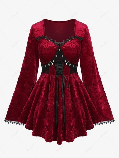 Plus Size Grommets Buckle Lace-up Rivet Lace Trim Flare Sleeve Velvet Top