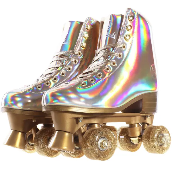JajaHoho Roller Skates for Women, Holographic High Top PU Leather Rollerskates, Shiny Double-Row Four Wheels Quad Skates for Girls and Age 8-50 Indoor Outdoor