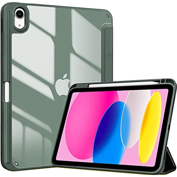 ProCase for iPad 10th Generation Case with Pencil Holder 2022 10.9 Inch, Clear Back iPad 10 Case, 10th Gen iPad Case for A2696 A2757 A2777 -OliveGreen