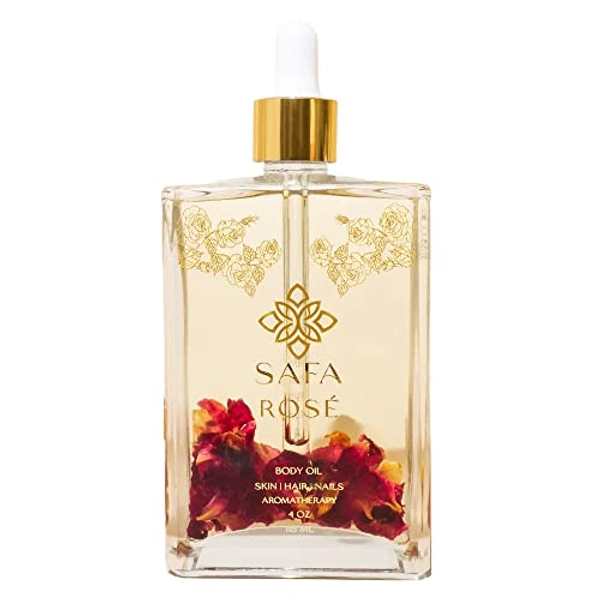 SAFA Rosé Oil - Organic Oil for Face, Body, Hair, Nails & Aromatherapy | Bulgarian Rose Essential Oil & Organic Floating Rose Petals | Moisturizer for Women & Men - 4 Fl Oz