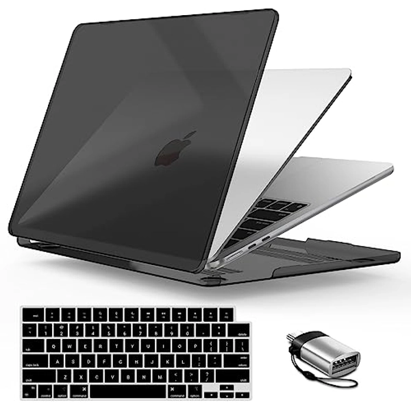 IBENZER Compatible with New M2 2024 2023 MacBook Air 15 inch case A2941, Hard Shell Case & Keyboard Cover & Type-C Adapter for M2 Mac Air 15.3" Retina Display & Touch ID, Crystal Black, AT15-CYBK+1TC