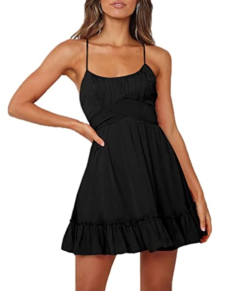 LYANER Women's Spaghetti Strap Scoop Neck Sleeveless Ruched Flared A Line Mini Dress