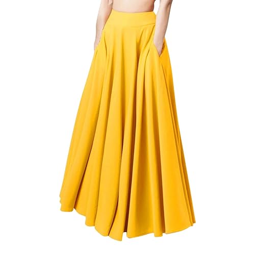 Ladies Skirt Loose Long Large Solid Pleated Skirt Elastic Waist Skirt Casual Elegant Maxi Skirt Summer Autumn Basic Pencil Skirt Clothing C-32 - Amarillo - XXL