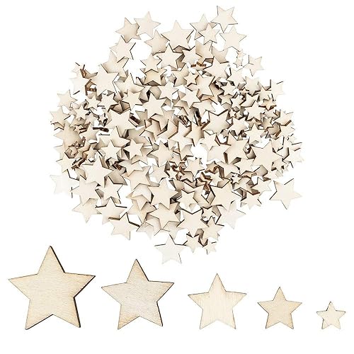 Ideen mit Herz Estrellas de madera para manualidades y decorar, 5 tamaños, 1 cm hasta 3 cm, colores naturales, ideal como decoración de Navidad, decoración de mesa, decoración para esparcir
