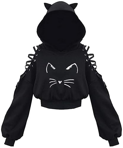 EUDOLAH Sudadera Corta Ligera Chica Mujer con Capucha Orejas De Gato y Hombros Abiertos y Cintas - XXL - Cara de Gato