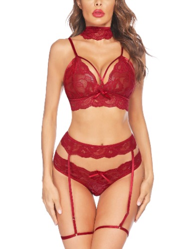 Avidlove Women Lingerie Set with Garter Belts Sexy Bra and Panty Set Lace Teddy Bodysuit - Wine Red Medium