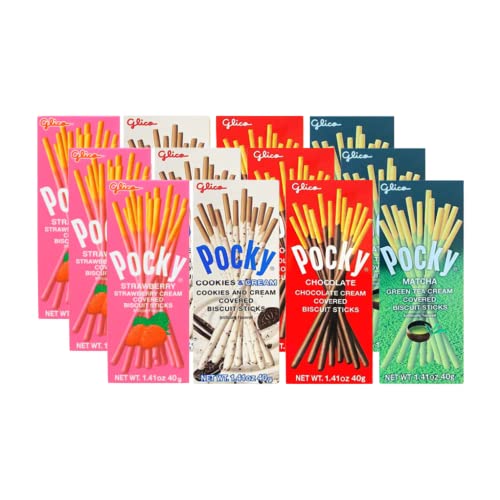 Pocky Sticks Japanese Snacks Pocky Variety Pack Asian Snacks - Poky Stix Chocolate, Strawberry, Cookies & Cream, Matcha by Grateful Grocer (12 Total Boxes) - Chocolate,Strawberry,Cookies & Cream, Matcha - 3 Count