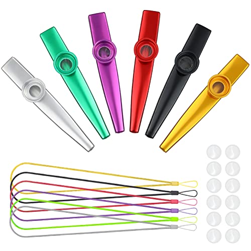 Fansjoy Kazoos Metall 6 Stück, Kasu Musikinstrumente aus Aluminium mit 12 Flötenmembranen und 6 Lanyards für Kinder und Musikliebhaber Anfänger