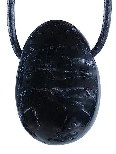 Lebensquelle Plus Schwarzer Turmalin/Schörl Tropfenanhänger | Gebohrter Trommelstein Anhänger mit Baumwollband | Hochwertiger Edelsteinanhänger