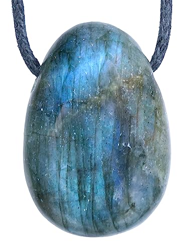 Lebensquelle Plus Labradorit Tropfenanhänger | Gebohrter Trommelstein Anhänger mit Baumwollband | Hochwertiger Edelsteinanhänger